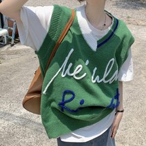 페이퍼먼츠 가을 겨울 배색 라인 레터링 루즈핏 니트 베스트 조끼 02709