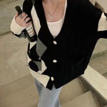 페이퍼먼츠 여성용 브이넥 아가일 패턴 루즈핏 니트 가디건 02483