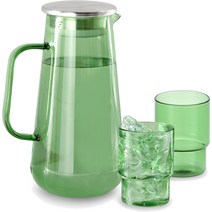 리본제이 플로라 내열 유리 물병 1.5L + 유리컵 260ml x 2p 세트, 그린