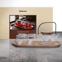 인블룸 아카시아우드 내열유리 4인 찻잔 다기세트, 1세트, 티포트 + 유리 거름망 + 찻잔 4p + 원목 트레이, 혼합색상