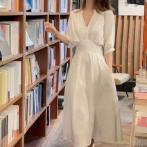 다담패키지 여성용 깊은 브이넥 허리라인 강조 롱 원피스 HR703