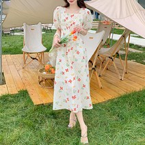 비비에모 스퀘어넥 퍼프 슬리브 프렌치 플레어 롱 원피스 03194