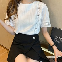 페이퍼먼츠 여름 라운드넥 펀칭 레이스 반소매 블라우스 04282