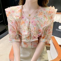 비비에모 플라워 패턴 더블 버터플라이 쉬폰 반소매 블라우스 03630