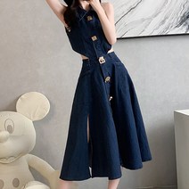 비비에모 고퀄리티 금장 단추 카라 민소매 플레어 원피스 03439