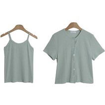 시크블랙 네스잇 라운드넥 골지 나시 티셔츠 + 반팔 가디건 세트 cpset2741k34