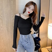 포플러앤씨 여성용 언발 끈 브이 니트