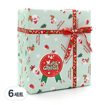 피크닉앤패키지 포장지 8p + 리본 6m + 스티커 8p 세트, 산타와루돌프(포장지), xmas메달(스티커), 레드(리본), 6세트