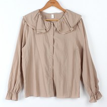 빼빼 여성용 더블 러플 카라 셔링 긴팔 블라우스