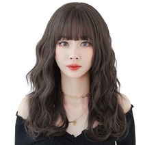 하이유니 플라워 펌 뱅 헤어 긴머리 통가발 가발 52cm + 가발망 + 거치대 세트, 챠콜블랙