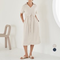 아피나르 브이넥 카라 허리 밴딩 반팔 원피스