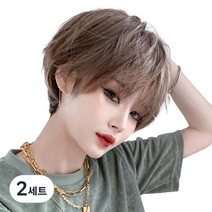 하이유니 보이쉬 숏 컷 헤어 단발 통가발 가발 28cm + 가발망 + 거치대 세트, 허니브라운, 2세트