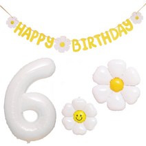 JOYPARTY 데이지 생일가랜드 + 데이지풍선 소형 + 데이지풍선 중형 + 은박풍선 숫자 6 대 세트, 옐로우(가랜드), 화이트(데이지풍선), 화이트(은박풍선), 1세트