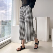 세컨그라운드 여성용 체크 와이드 밴딩 팬츠