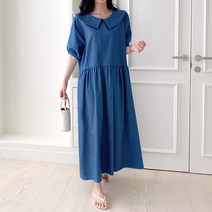 티탁 여성용 빅사이즈 데일리 루즈핏 셔링 데님 반팔 원피스