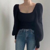 여성용 러블리 스퀘어넥 벌룬 퍼프 소매 니트 lkf21367