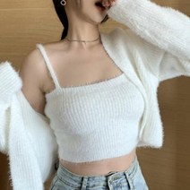 여성용 앙고라 크롭 끈나시 + 퍼 가디건 세트 lkf21383