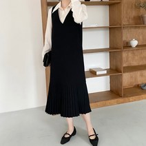 슈가펀 슈리보 v넥 롱 루즈핏 레이어드 주름 원피스