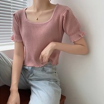 레몬소울 여성용 자르토 스퀘어 골지 반팔 니트티