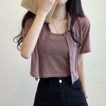 여성용 데일리 카라 린넨 베이직 반팔 셔츠 + 나시 세트