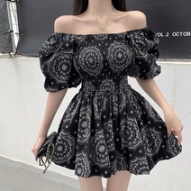 마더브띠 여성용 에스닉 복고패턴 오프숄더 미니 원피스