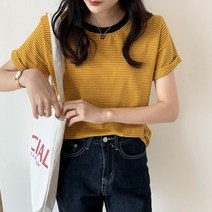 아로무드 여성용 심플 스트라이트 라운드넥 반팔티