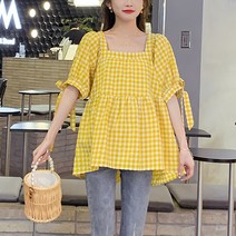 마켓A 스퀘어넥 체크패턴 블라우스