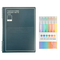 투코비 4000 PP 2단 컬러 스프링노트 + 코마 소프트 브러쉬 형광펜 6색 문구세트, 네이비(노트), 혼합색상(형광펜), 1세트