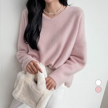 세컨그라운드 여성용 루즈핏 브이넥 밍크 티셔츠