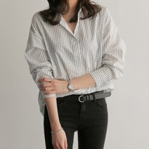더시럽 여성용 미디엄 롱 세로 스트라이프 셔츠