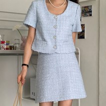 빼빼 여성용 U넥 반팔 숏기장 트위드 자켓