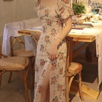 몬드스팟 여성용 스퀘어넥 퍼프 셀피웨딩 플라워 쉬폰 반팔 롱원피스 JN194