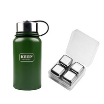 KEEP 스포츠 보틀 스테인레스 보온보냉 텀블러 + 스테인리스 아이스 큐브 세트, 그린(텀블러), 650ml