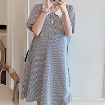 물결카라 스트라이프 격자 퍼프 임산부 원피스