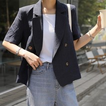 빼빼 여성용 린넨 투버튼 세미크롭 반팔 자켓