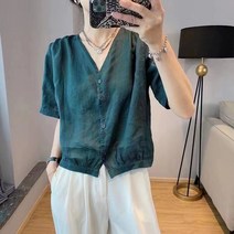 캐치 린넨 브이넥 블라우스
