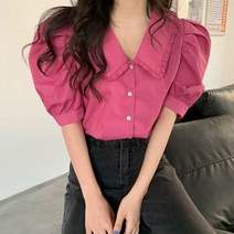따봉오빠 여성용 레이스 카라 복고 퍼프 반팔 블라우스 JNH1059