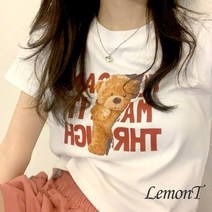 LEMONT 여성용 곰돌이 프린팅 크롭 반팔티 lkf23618