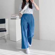 플랜데이 여성용 허리밴딩 앞핀턱 코튼 청 와이드 통바지