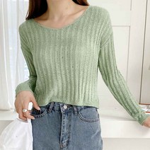 플랜데이 여성용 브이넥 부클 골지 슬림 긴팔 니트티