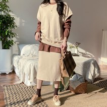 아모르데이 여성용 클라우드윈드 쭈리 면 베스트 + 밴딩 스커트 상하의 세트