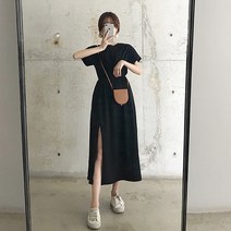 여성용 올룸 허리주름 롱 반팔 원피스