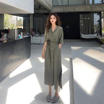 옆트임 반팔 롱 셔츠 원피스
