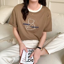 레몬소울 여성용 이디 베어 자수 라운드 반팔 티셔츠