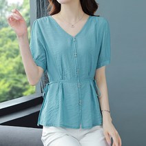 레몬소울 레이먼 쏘루 브이넥 단추 반팔 블라우스