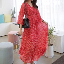 빼빼 여성용 브이넥 밑단프릴 플라워 롱 원피스