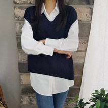 상상그이상 여성용 A박스 브이넥 니트조끼 부드러운 필수 블라우스 코디세트 여유있는 빅사이즈 보풀없는 컬러풀한 구김없는 체온유지 이너 레이어드 조끼세트