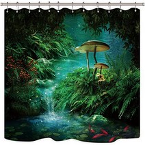 Riyidecor Mushroom Fantasy Shower Curtain Panel Jungle Forest Green Teal Zen River Pond Moss Eden De, 1