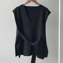 무드베이지 여성 V넥 허리 벨트 니트 스웨터 조끼