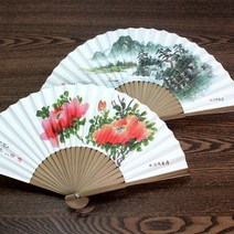 [박씨상방] 줄선 대나무 전통부채(대) - 산수 목단, 색상:목단